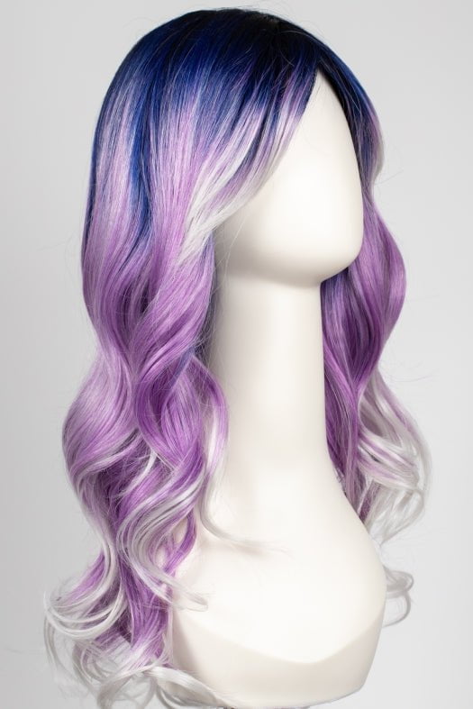 Color melt featuring cobalt blue, lavender and silver with a dark rooted base and gradating lighter towards the ends.