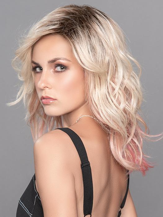 TABU by ELLEN WILLE in ROSE BLONDE ROOTED | Medium Dark Brown Roots that melt into a Pale Golden Blonde with a Mixture of Pink Tones Underneath with Darker Roots